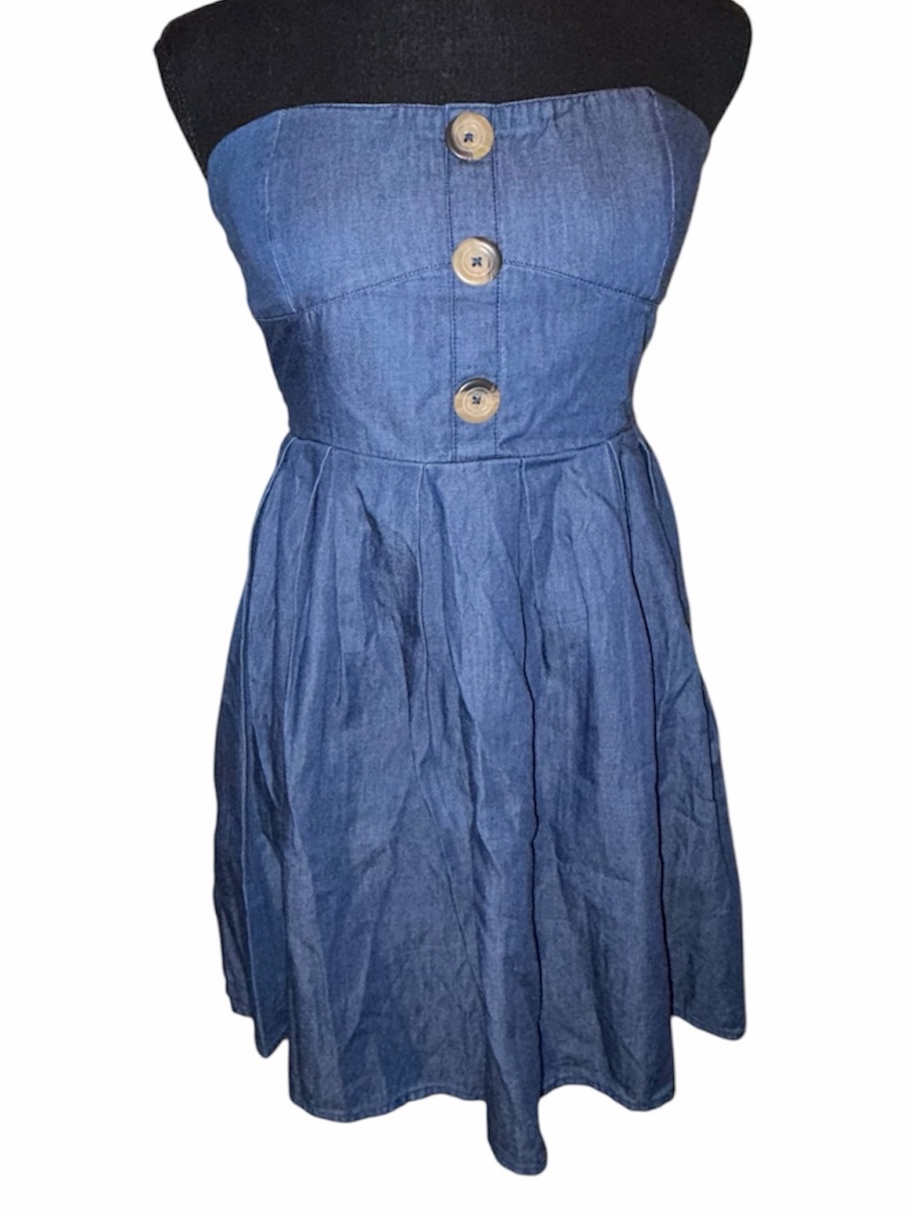 Strapless Blue Faux Denim Button-Front Dress💙🩵🤎